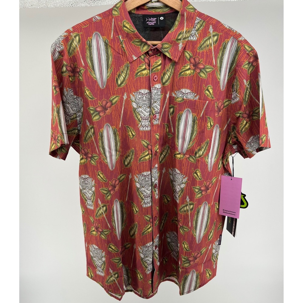 Psycho Tuna Tiki Surf Hawaiian Aloha Short Sleeve Button Up Shirt Medium NWT $54